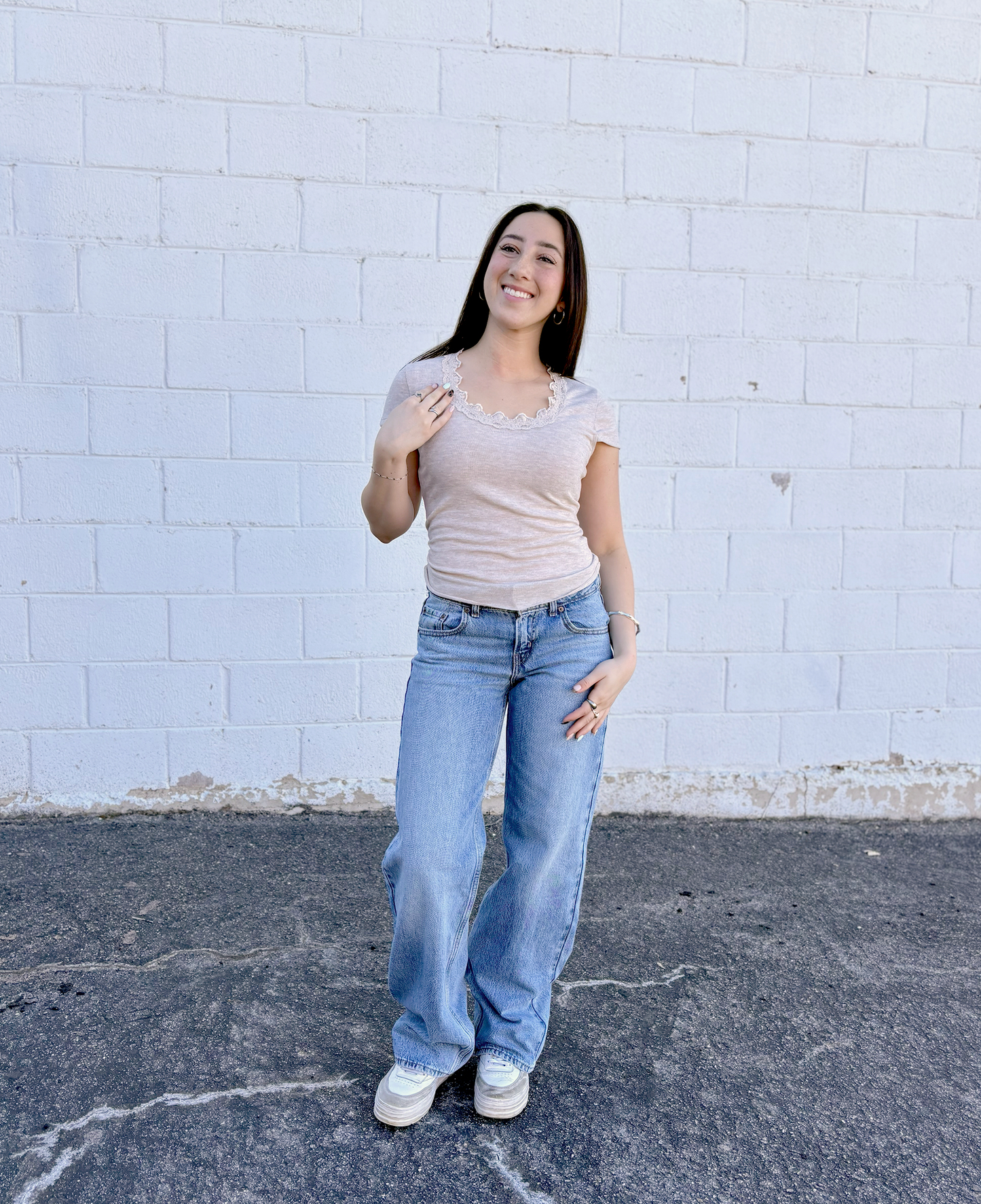 Beige tee with lace around the collar