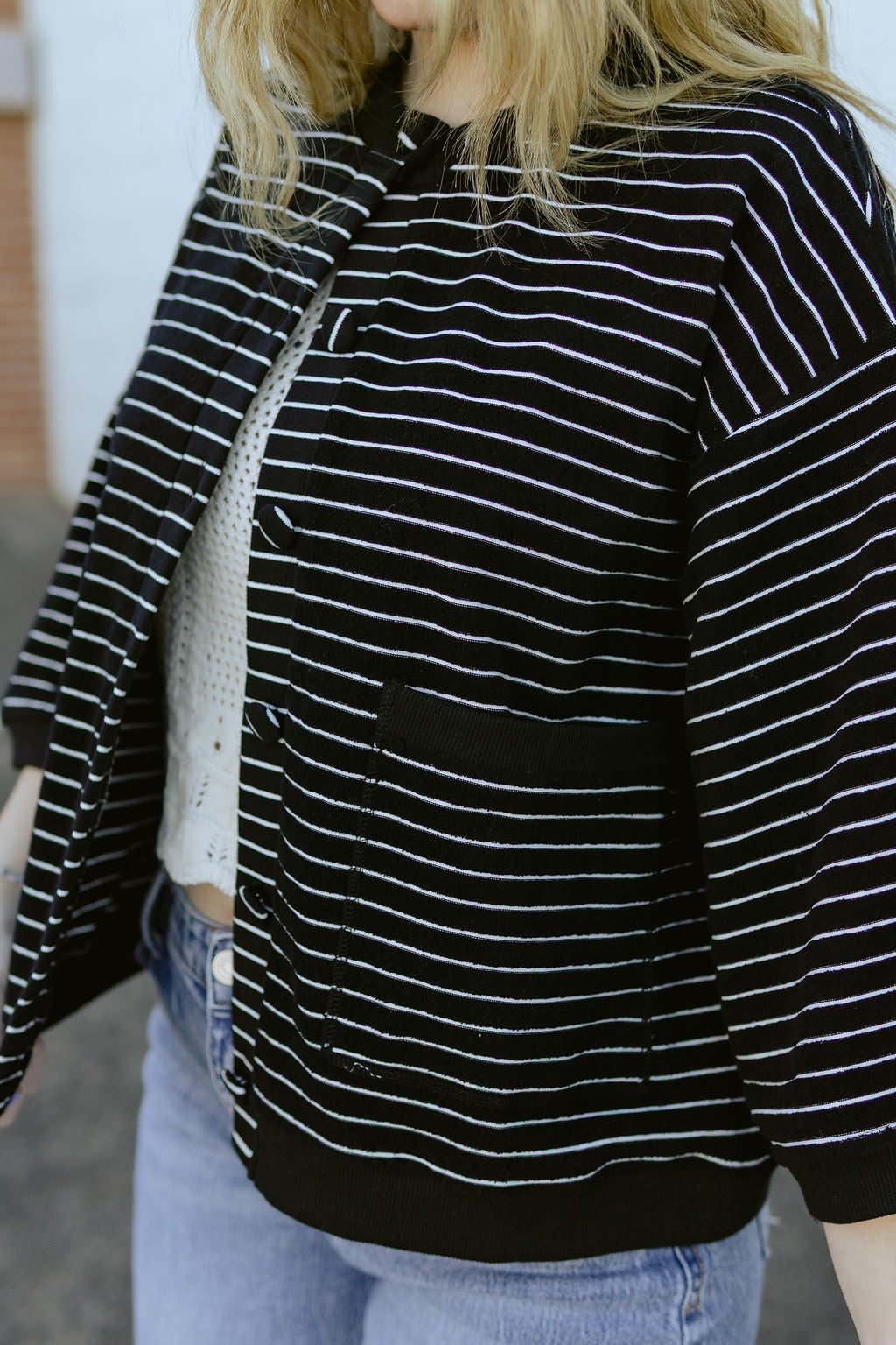 black short sleeve striped cardigan