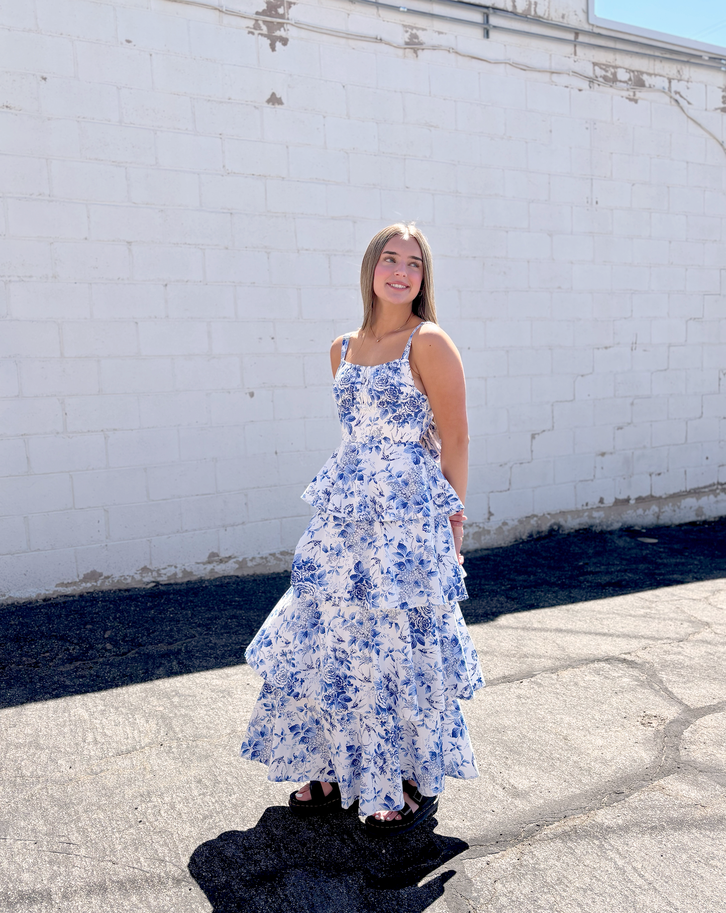 Long Blue Floral dress with tiers