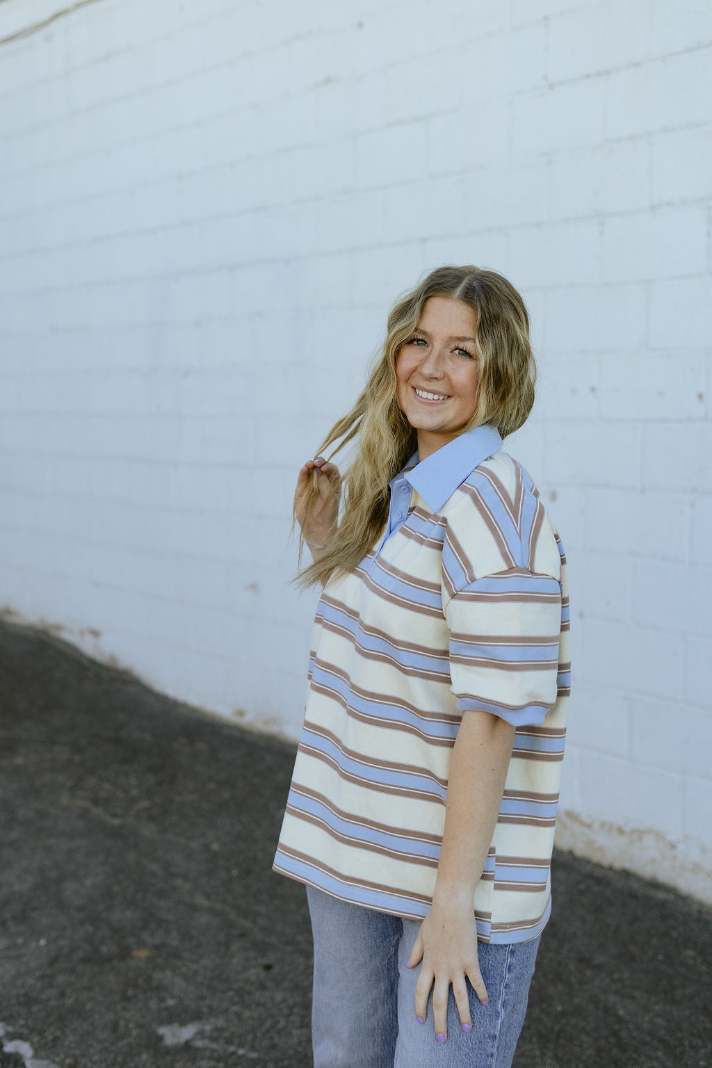cute blue and tan striped polo