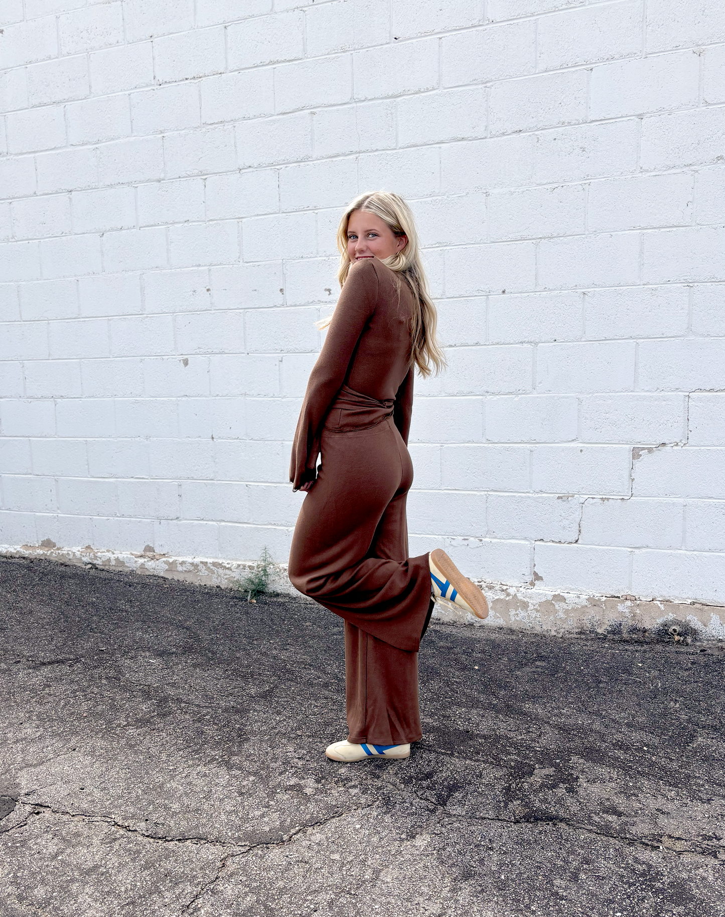 Cute brown wrap top with long sleeves and brow long pants, outfit set