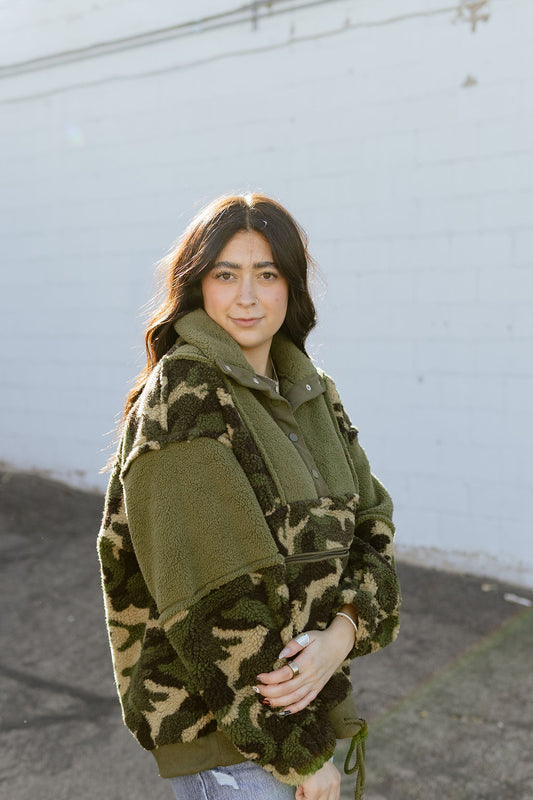 Camouflage shearling pullover sweater