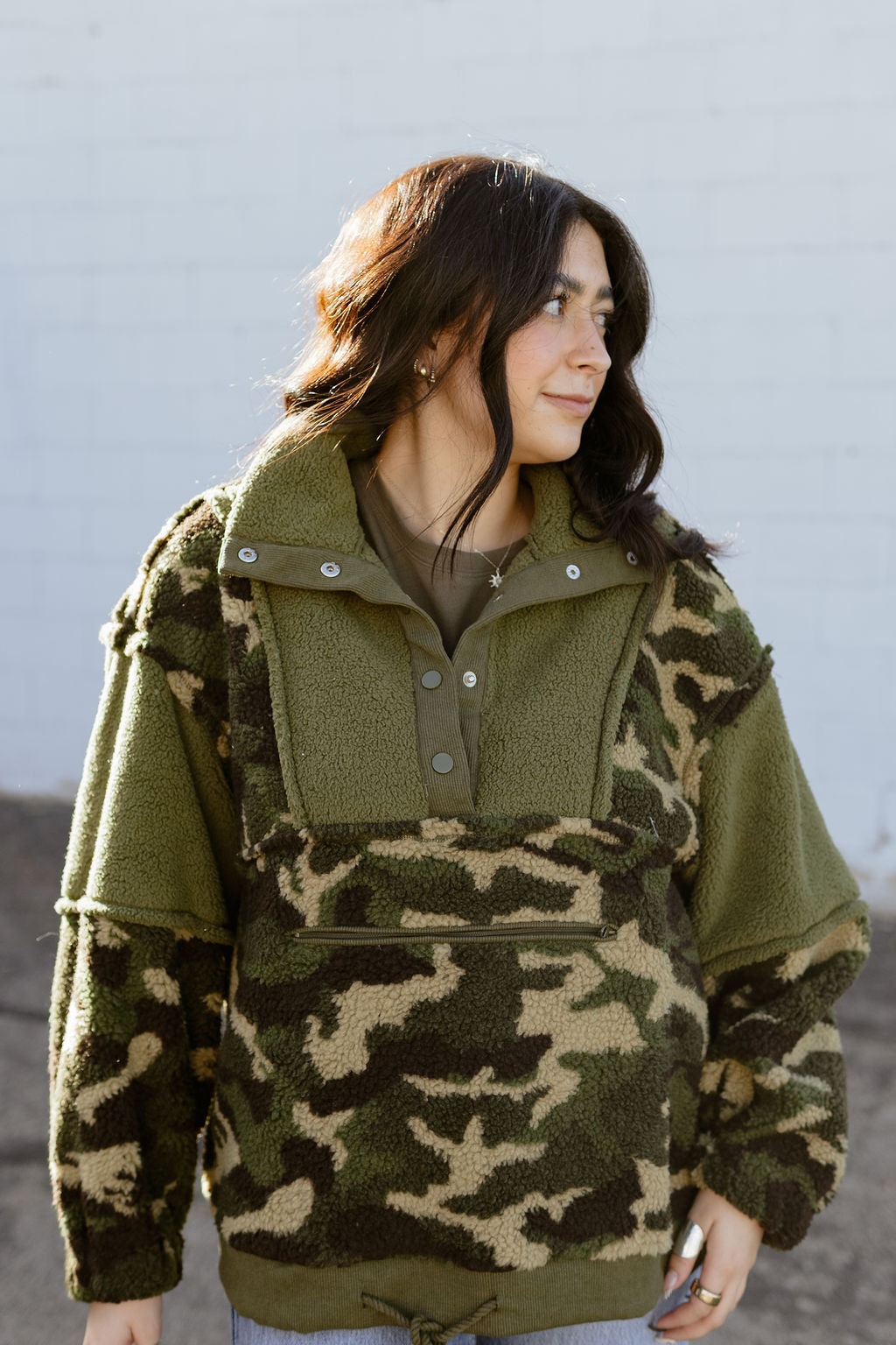Camo shearling pullover sweater
