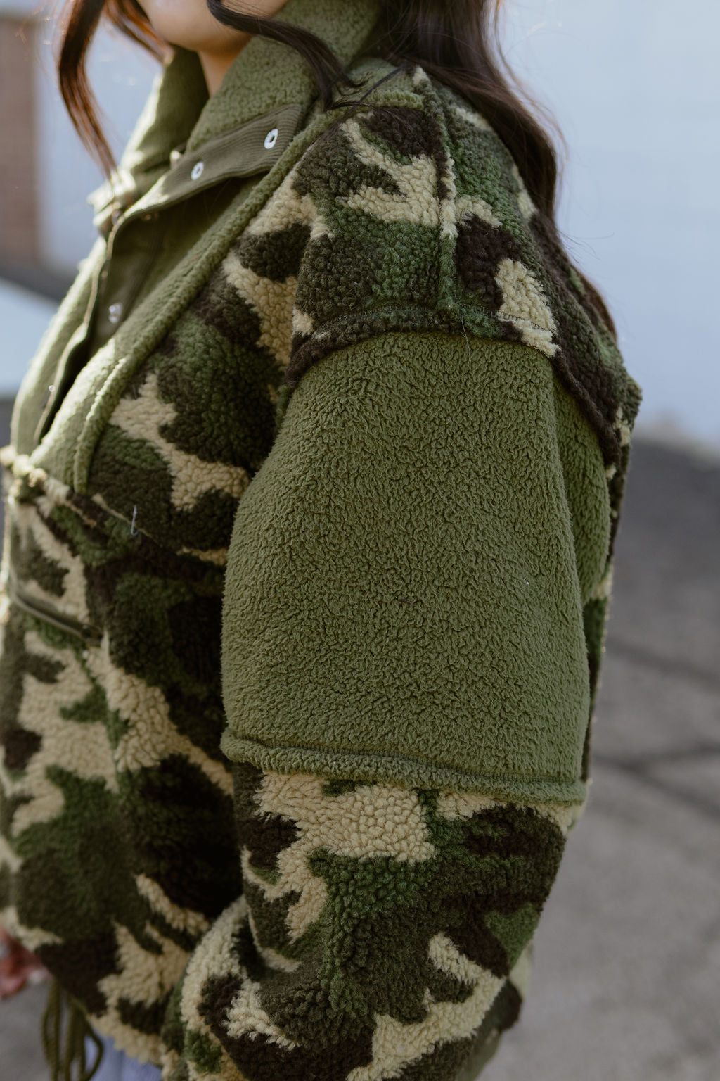 Camoflage shearling pullover sweater