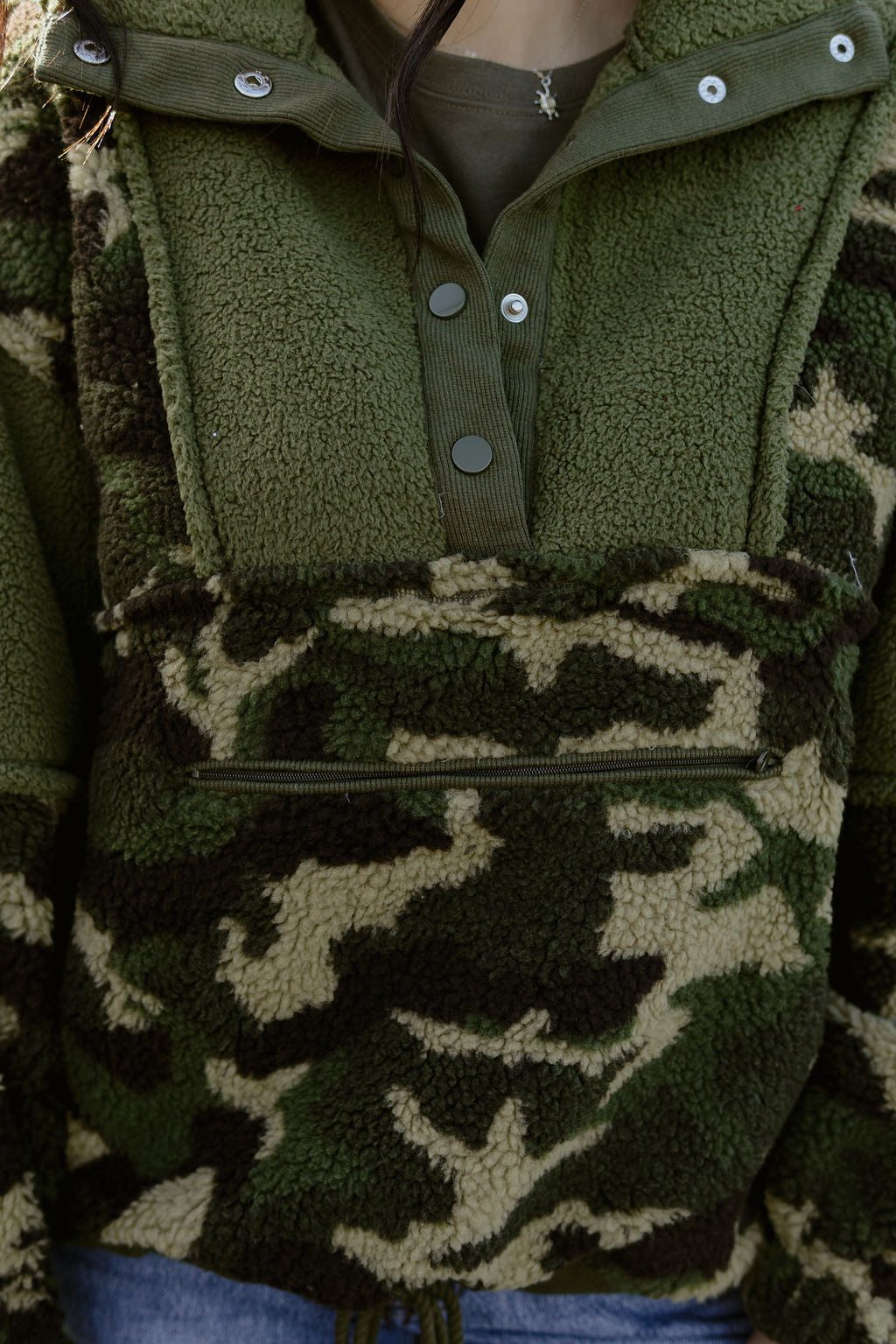 Camouflage shearling pullover sweater