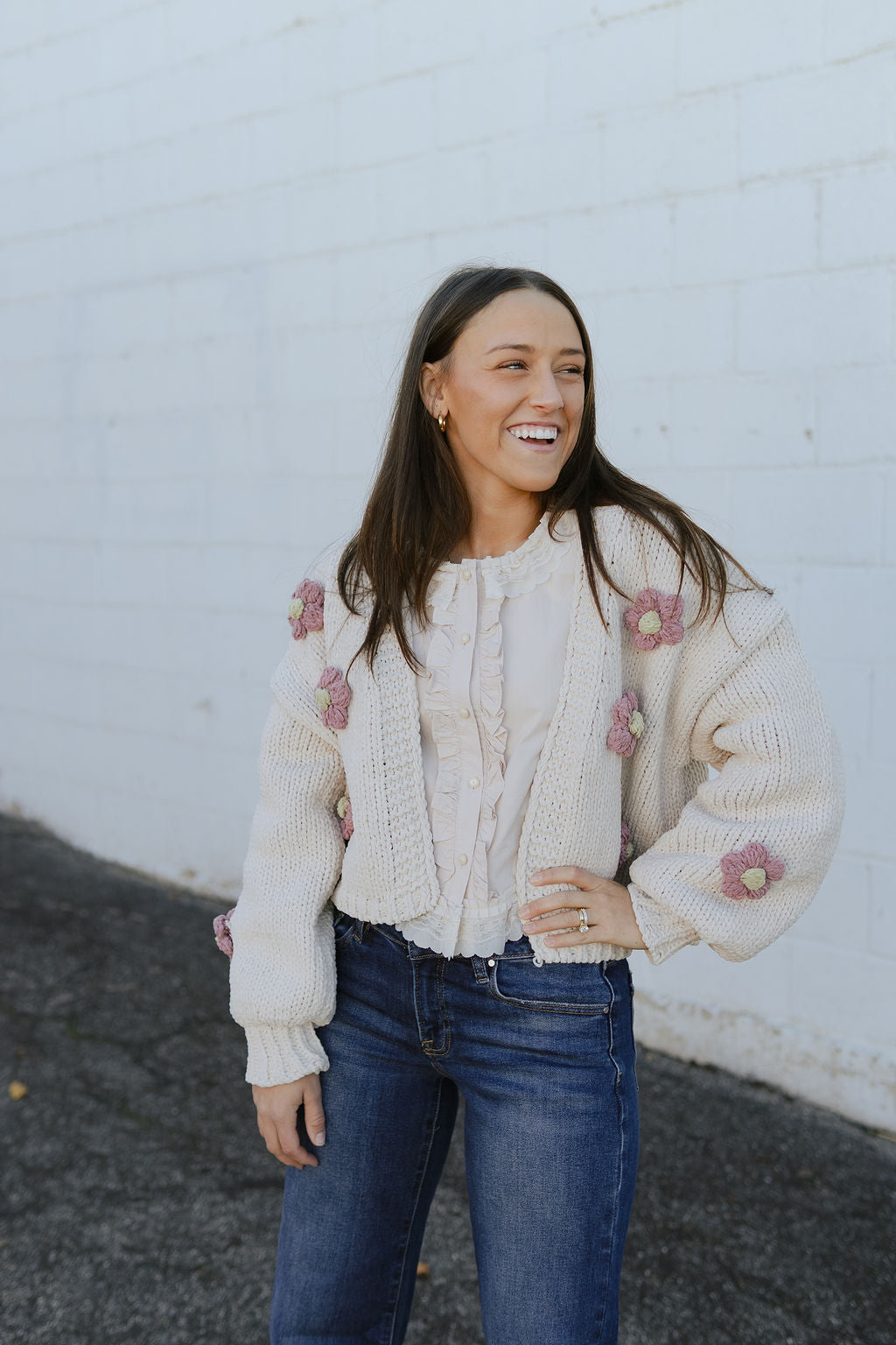 chunky knit cardigan with appliqué flowers