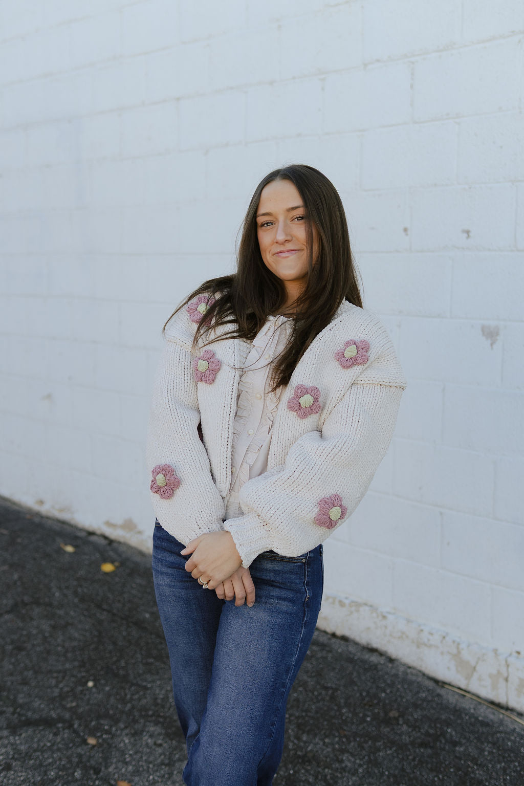 chunky knit cardigan with appliqué flowers