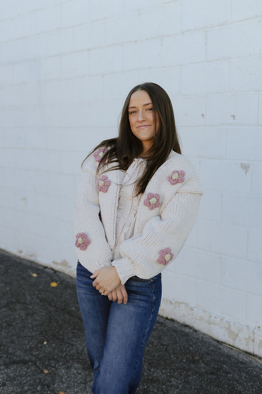 chunky knit cardigan with appliqué flowers