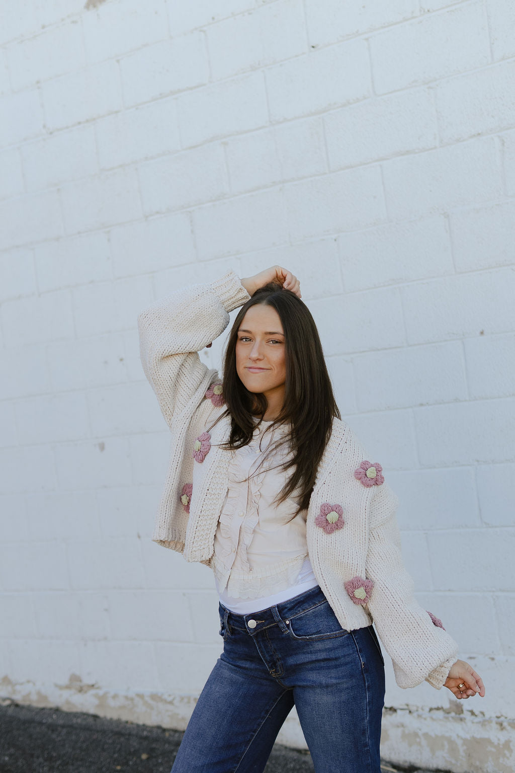 chunky knit cardigan with appliqué flowers