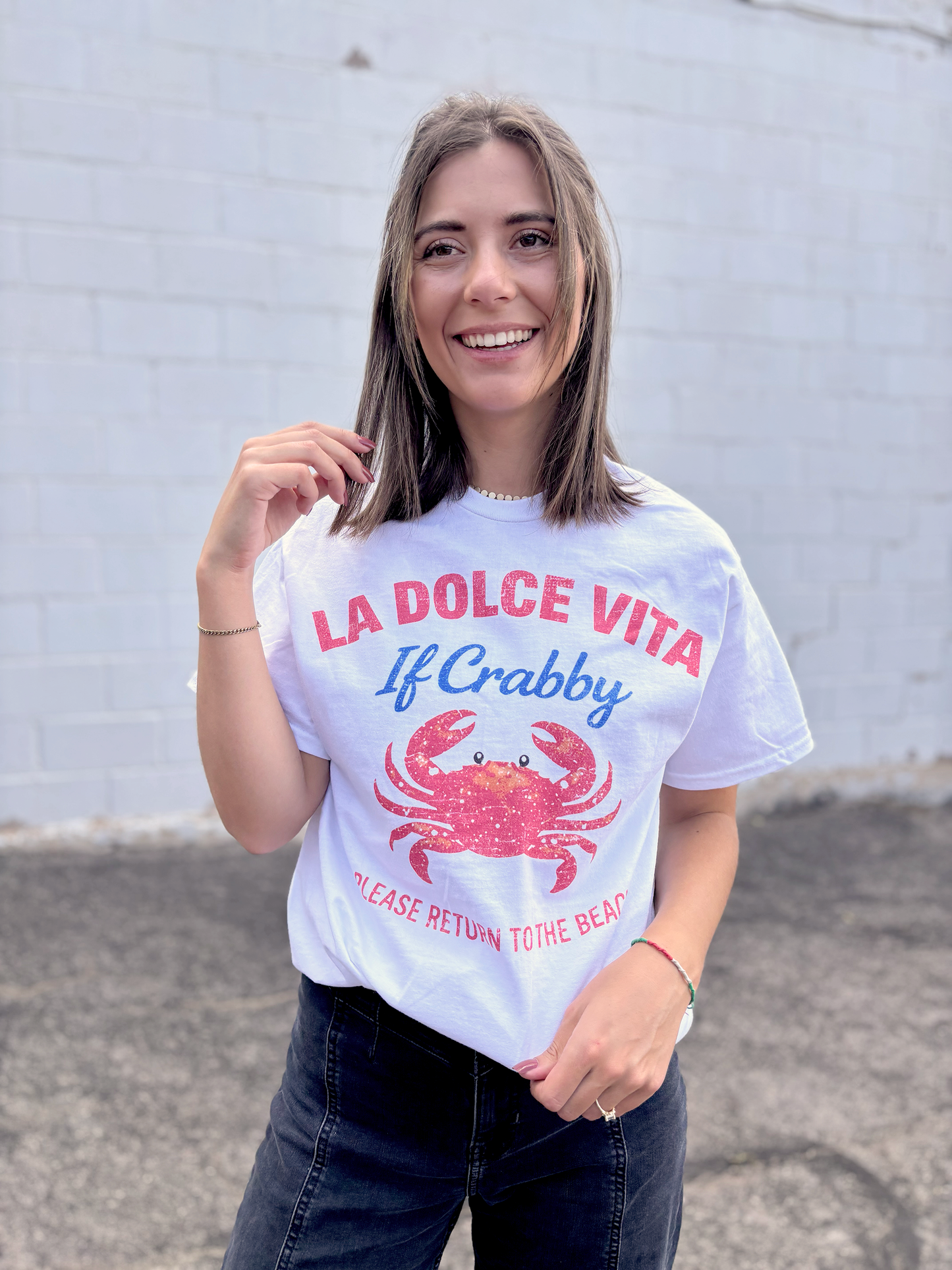 Cute beach tee with a crab graphic and beach sayings