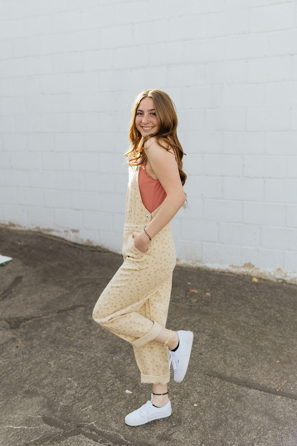 light yellow floral overalls