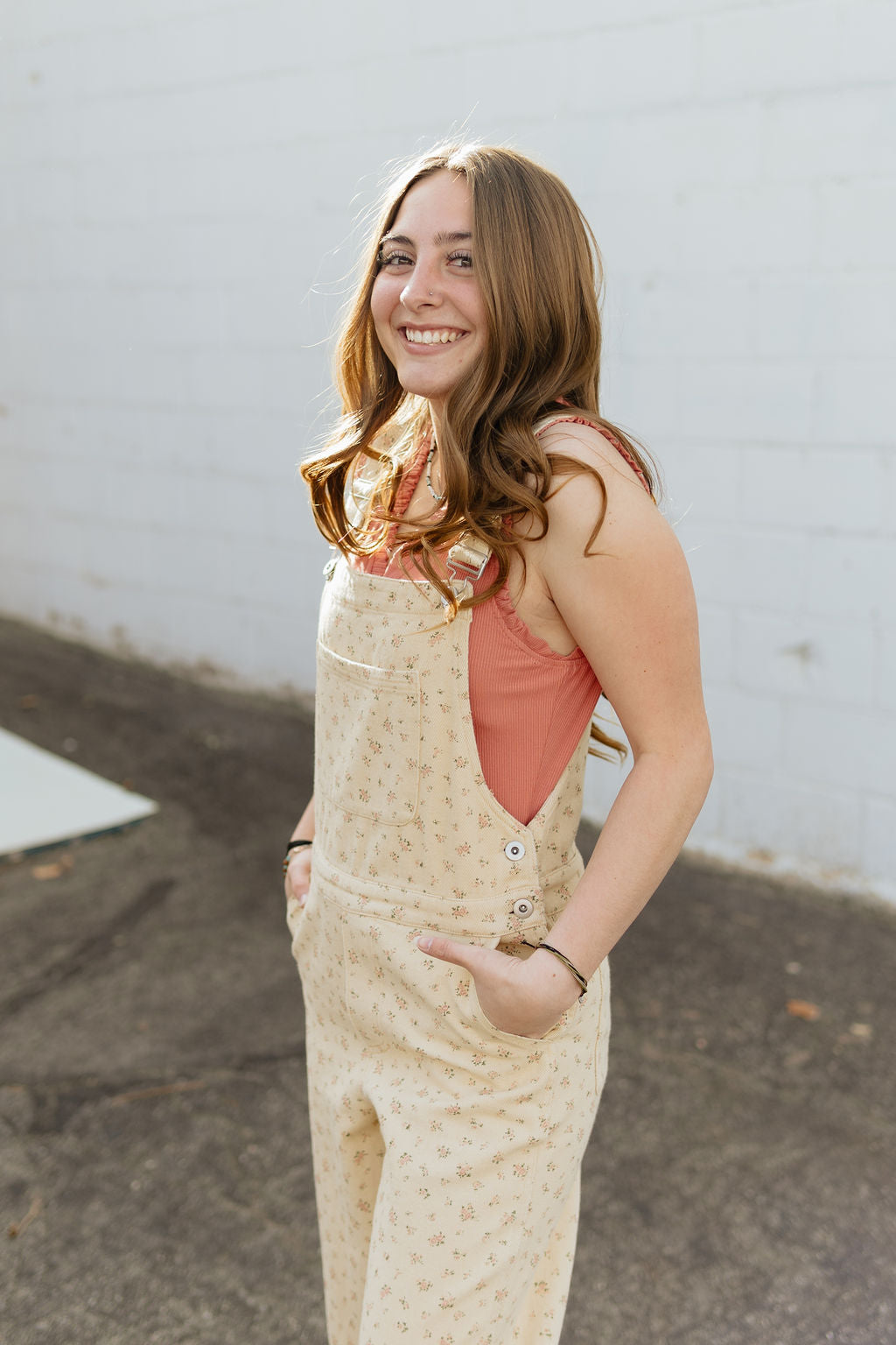light yellow floral overalls