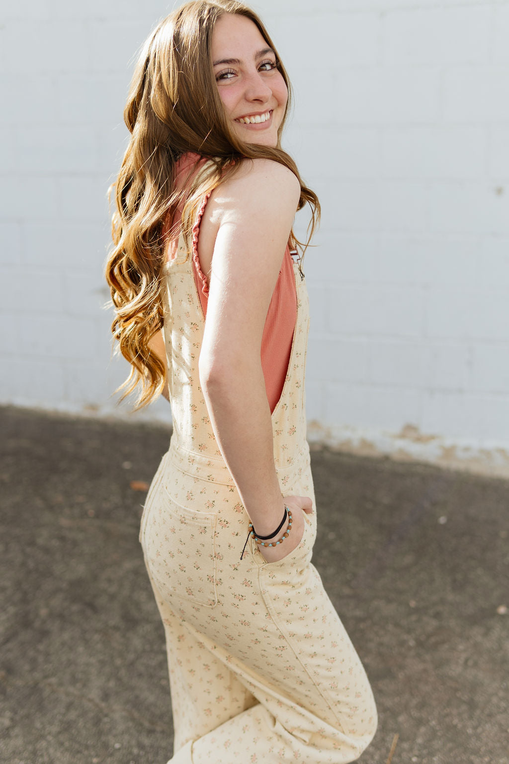 light yellow floral overalls