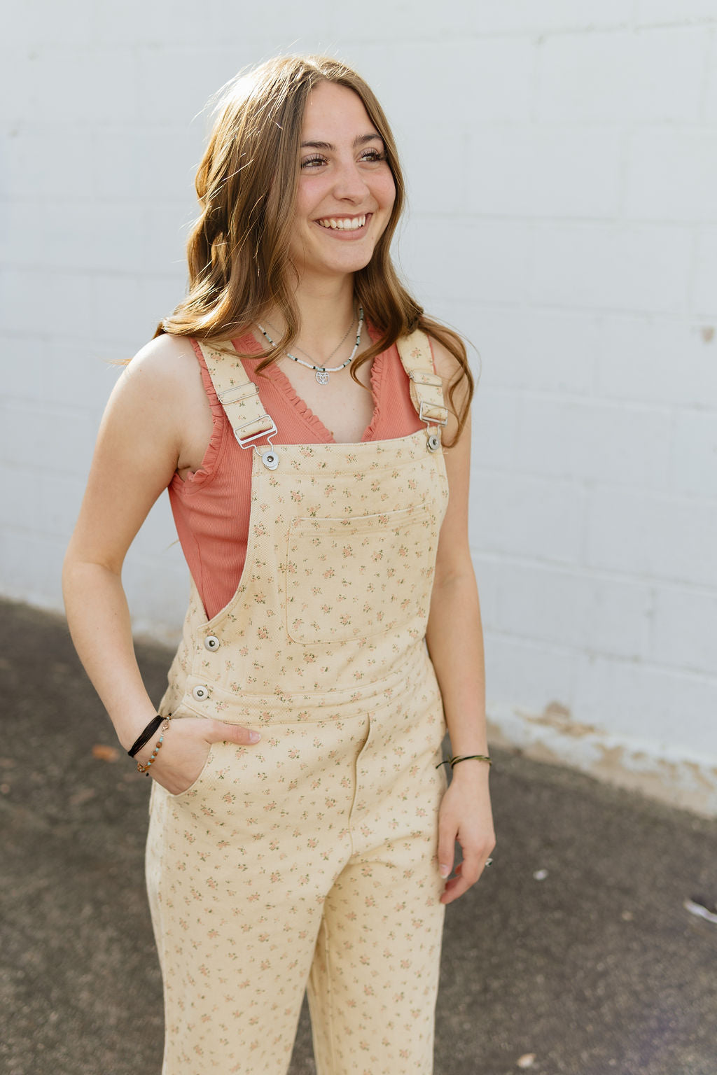 light yellow floral overalls
