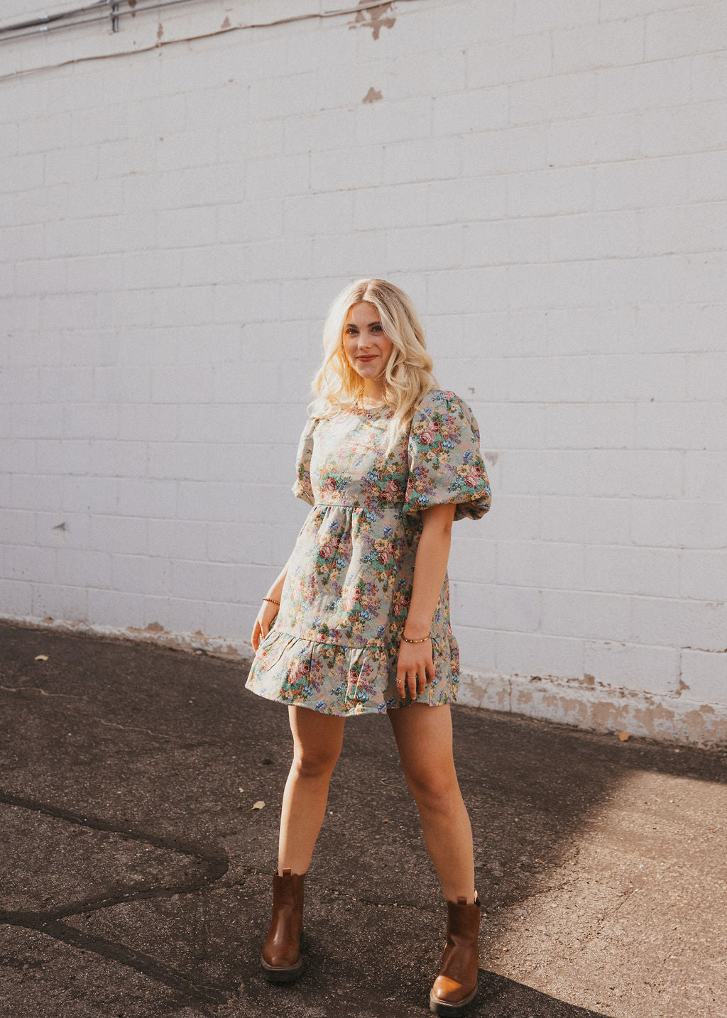 jacquard floral mini dress with puff sleeves