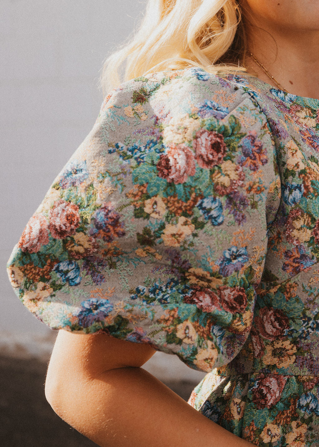 jacquard floral mini dress with puff sleeves