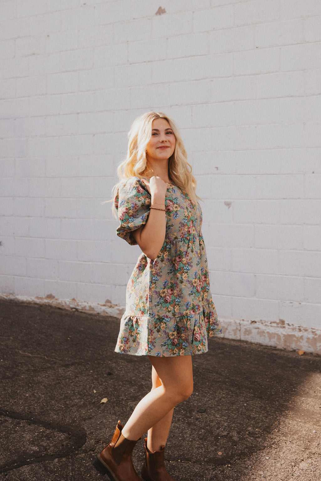 jacquard floral mini dress with puff sleeves