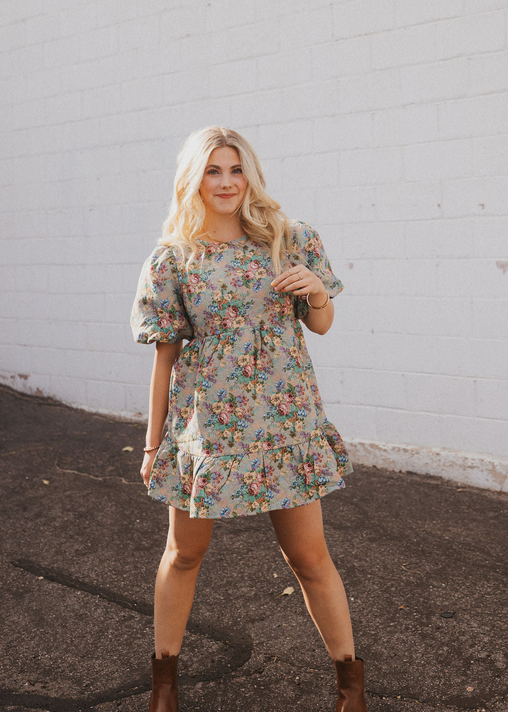 jacquard floral mini dress with puff sleeves