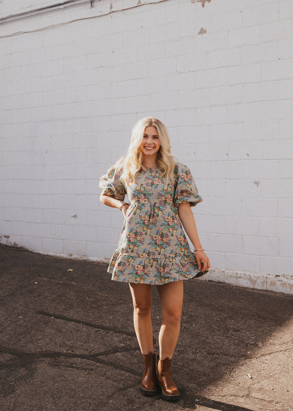 jacquard floral mini dress with puff sleeves