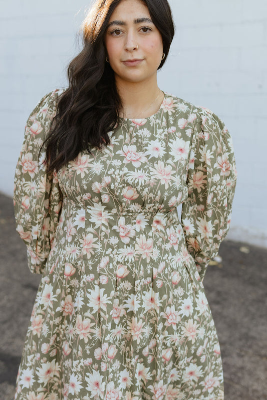 Light olive floral dress with puff sleeves for fall