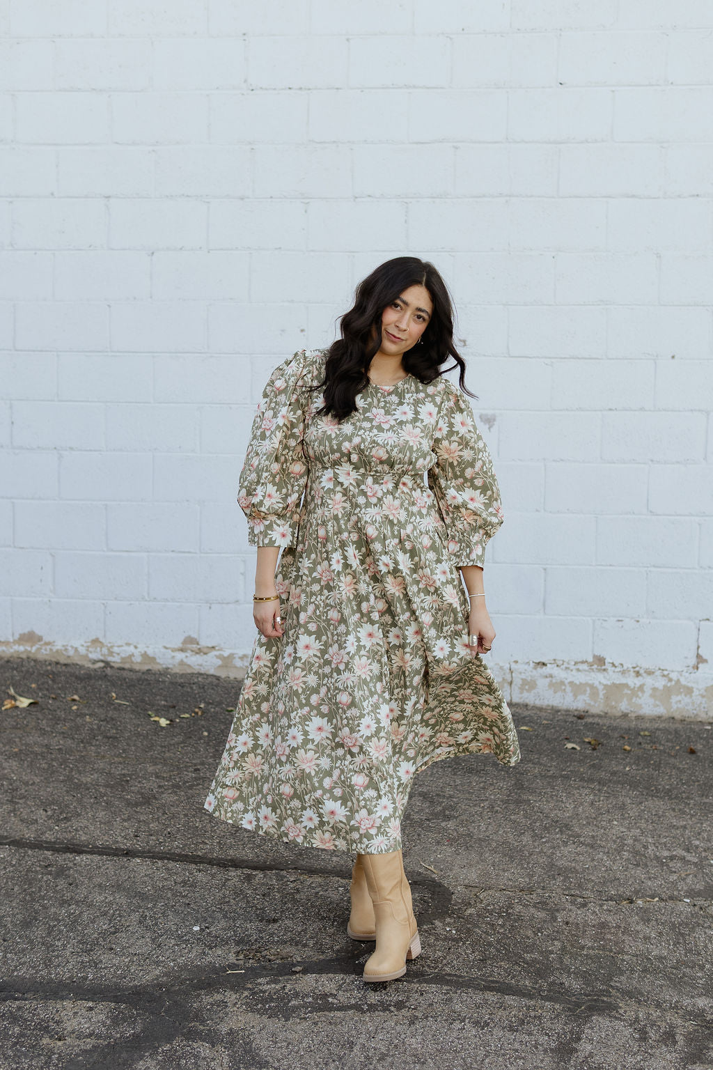 Light olive floral dress with puff sleeves for fall