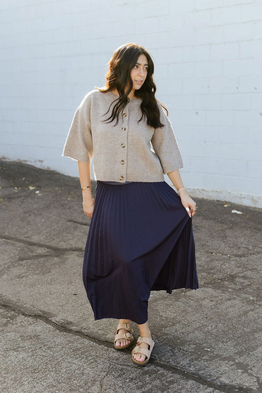 Pleated midi skirt in navy blue
