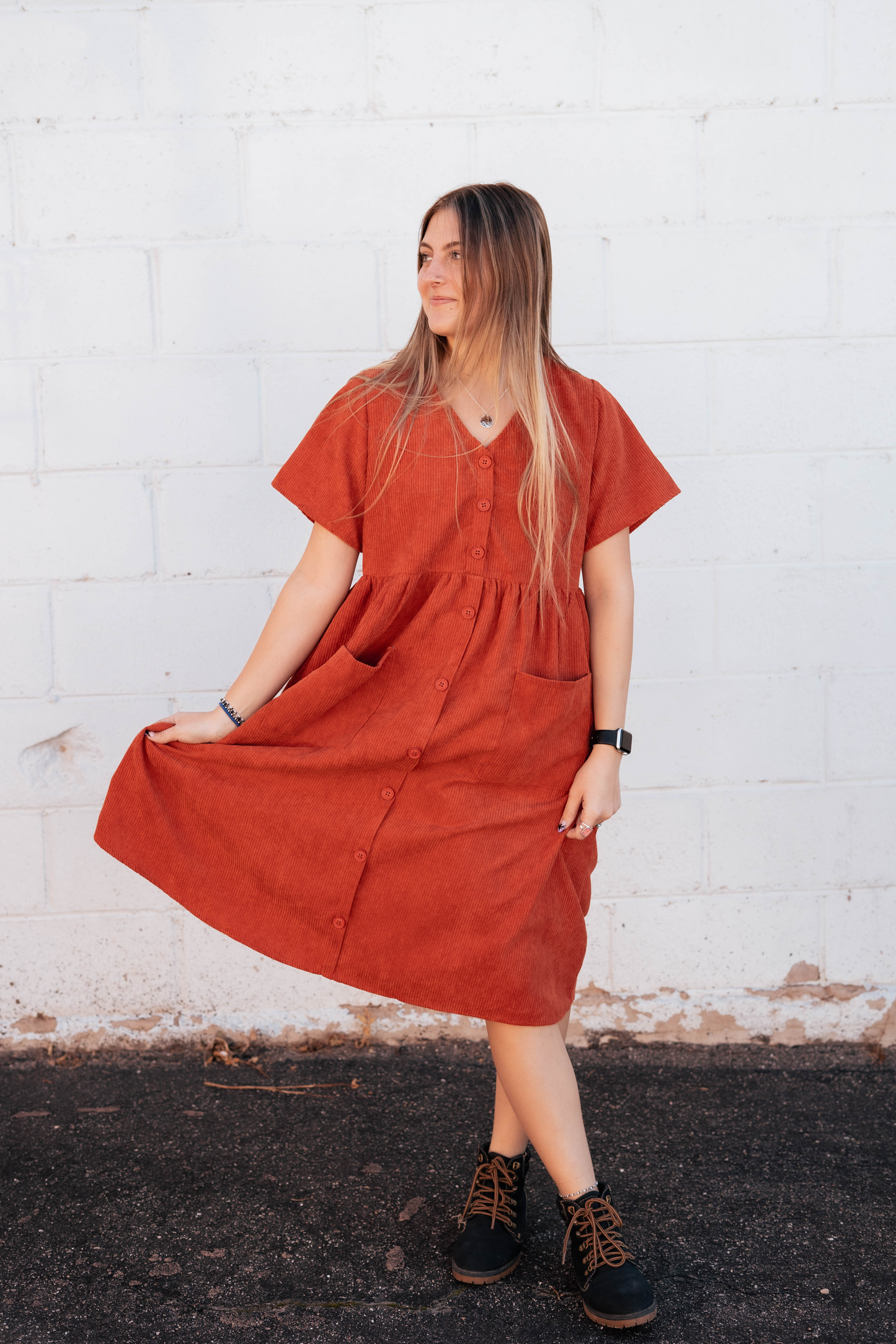 orange fall dress with pockets
