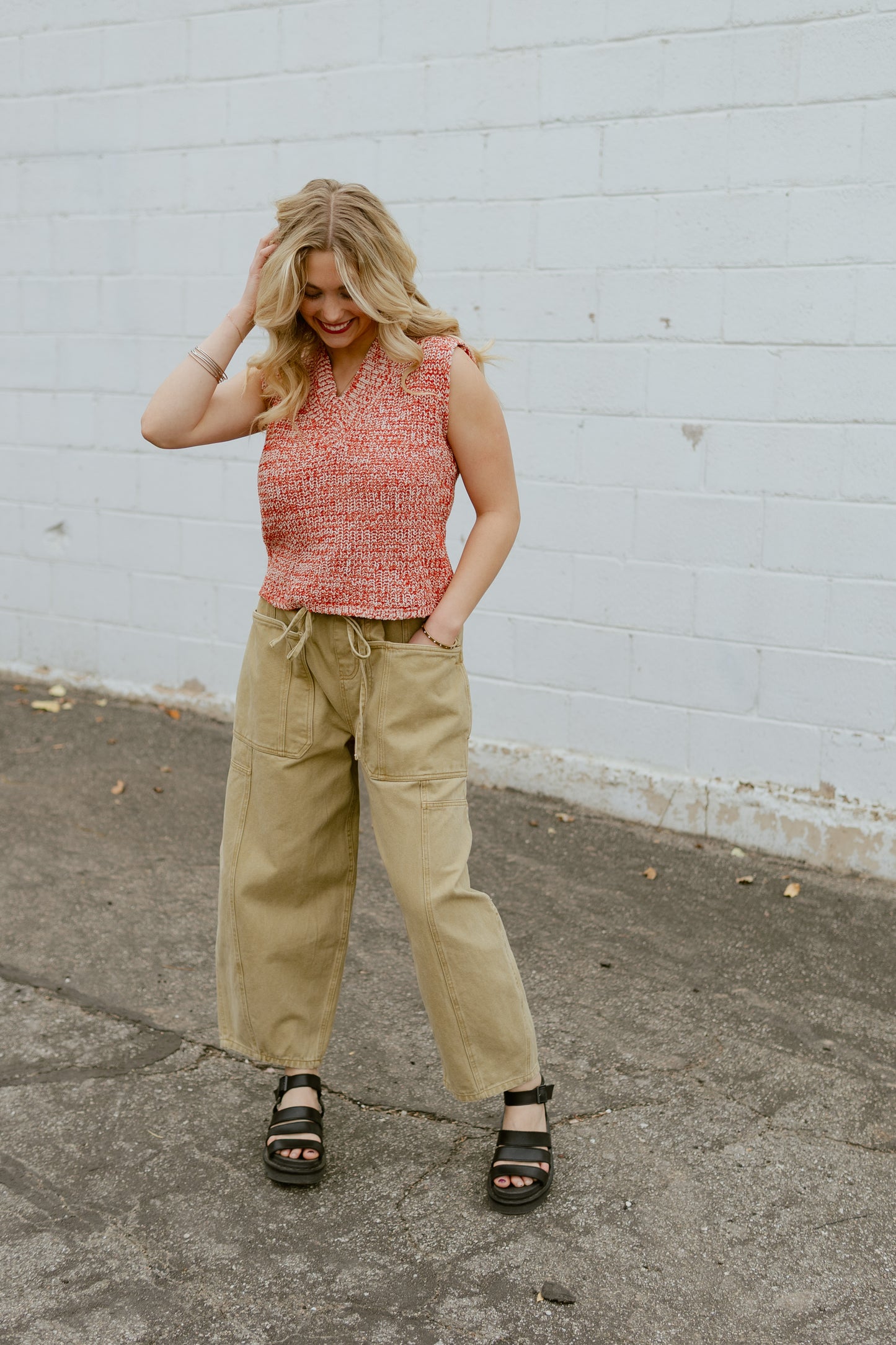 Tan barrel jeans with tie waist