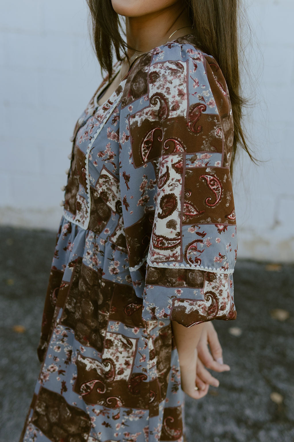 patchwork print dress with a blue and brown color