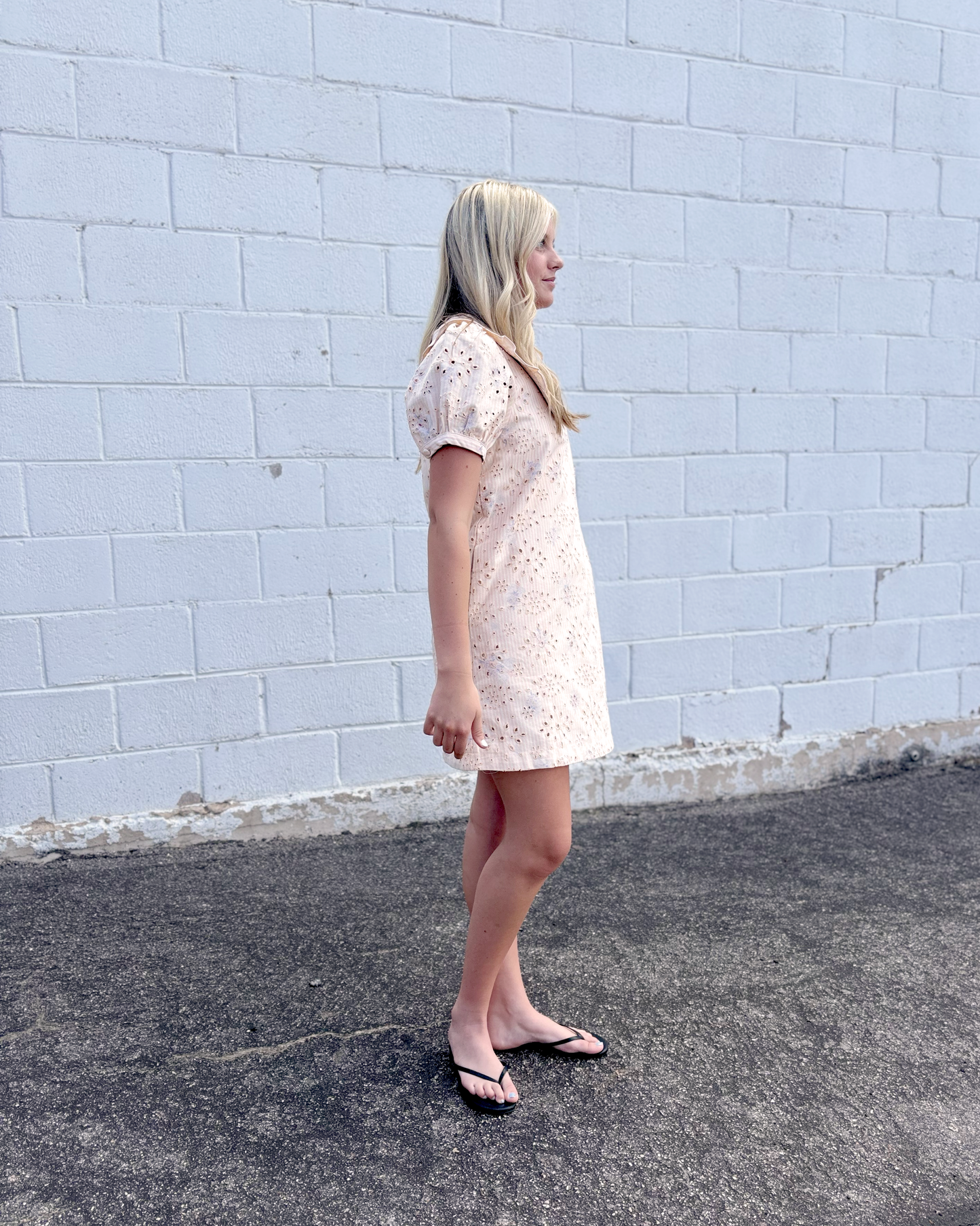 Peachy pink striped denim dress with peter pan collar and puff sleeves