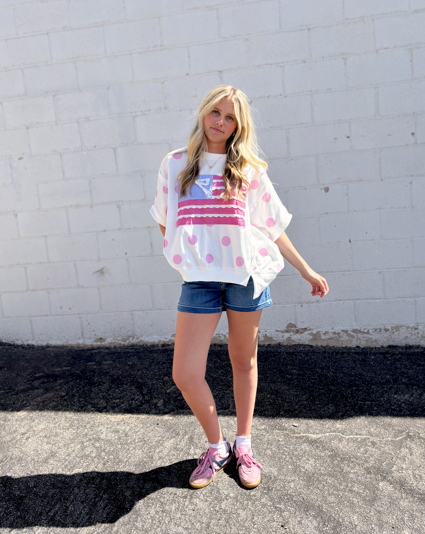 Cute oversized flag tee with appliqué lace