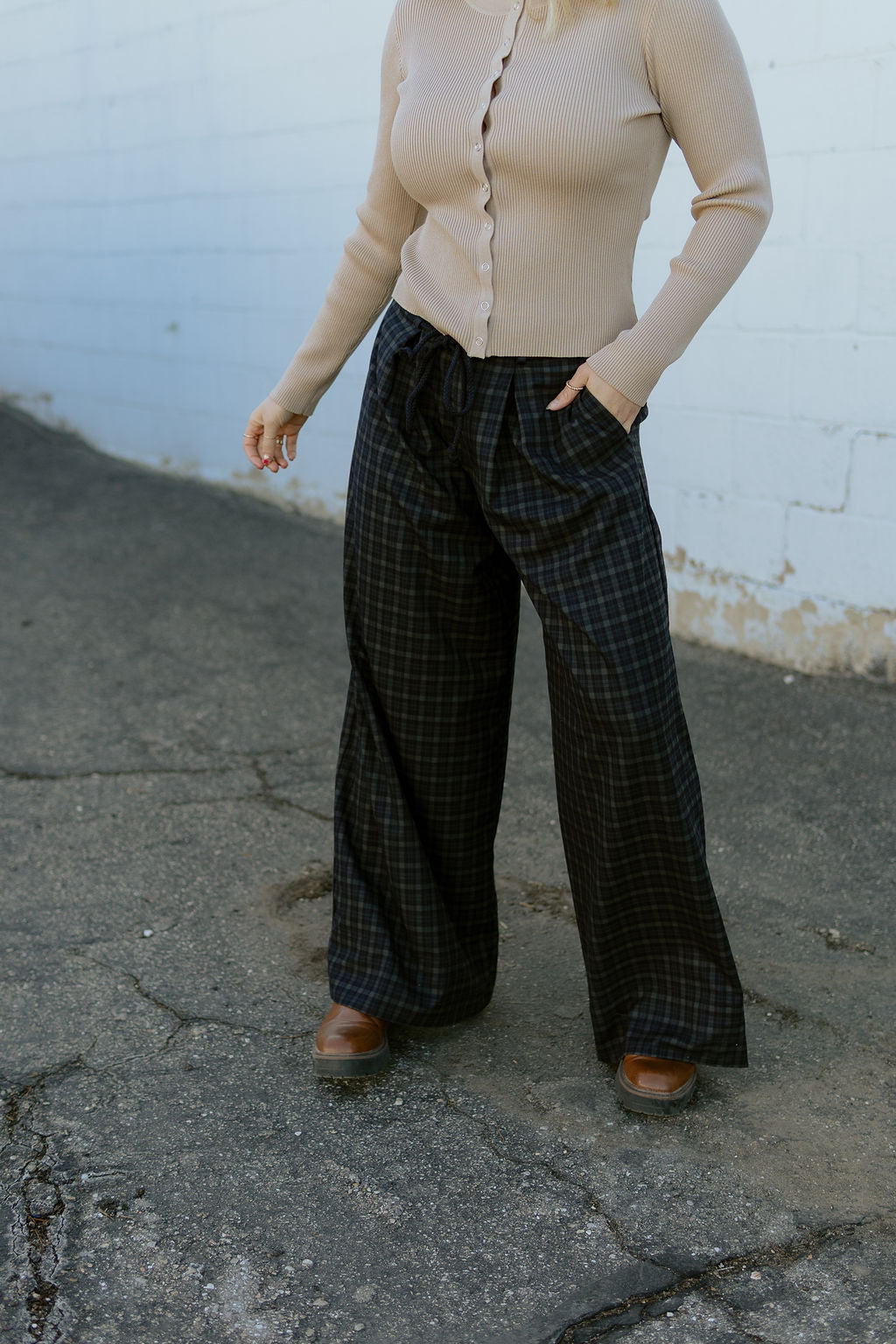navy and forest green plaid wide leg pants