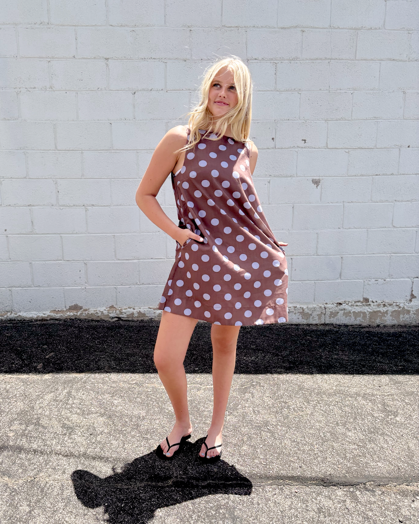 A-line brown dress with blue polka dots