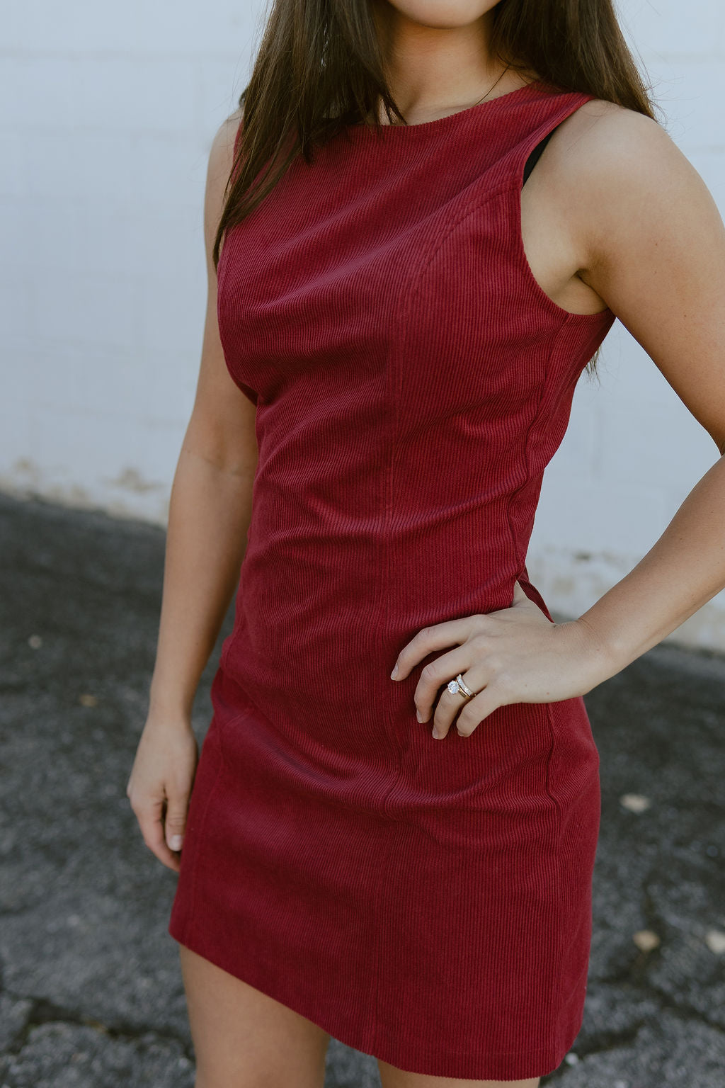 short red corduroy dress, sleeveless