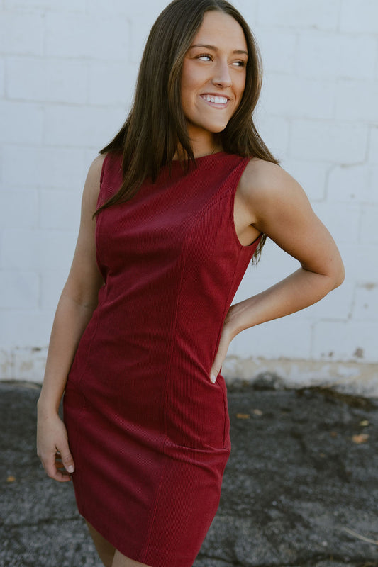 short red corduroy dress, sleeveless