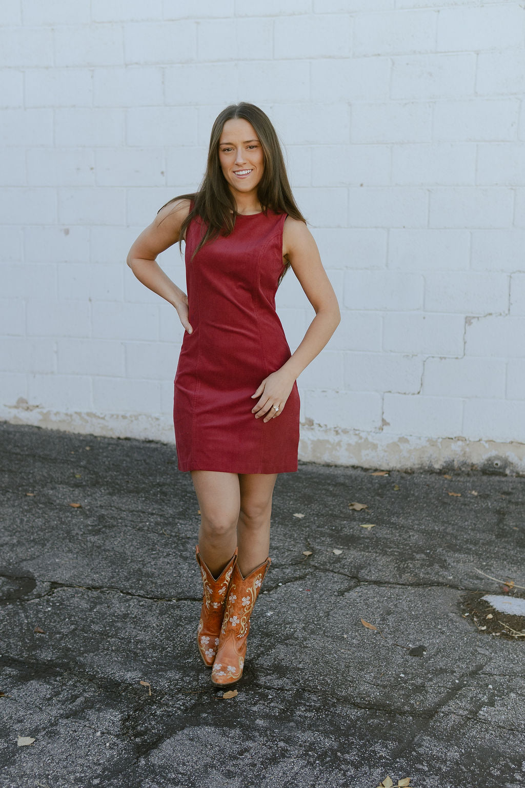 short red corduroy dress, sleeveless