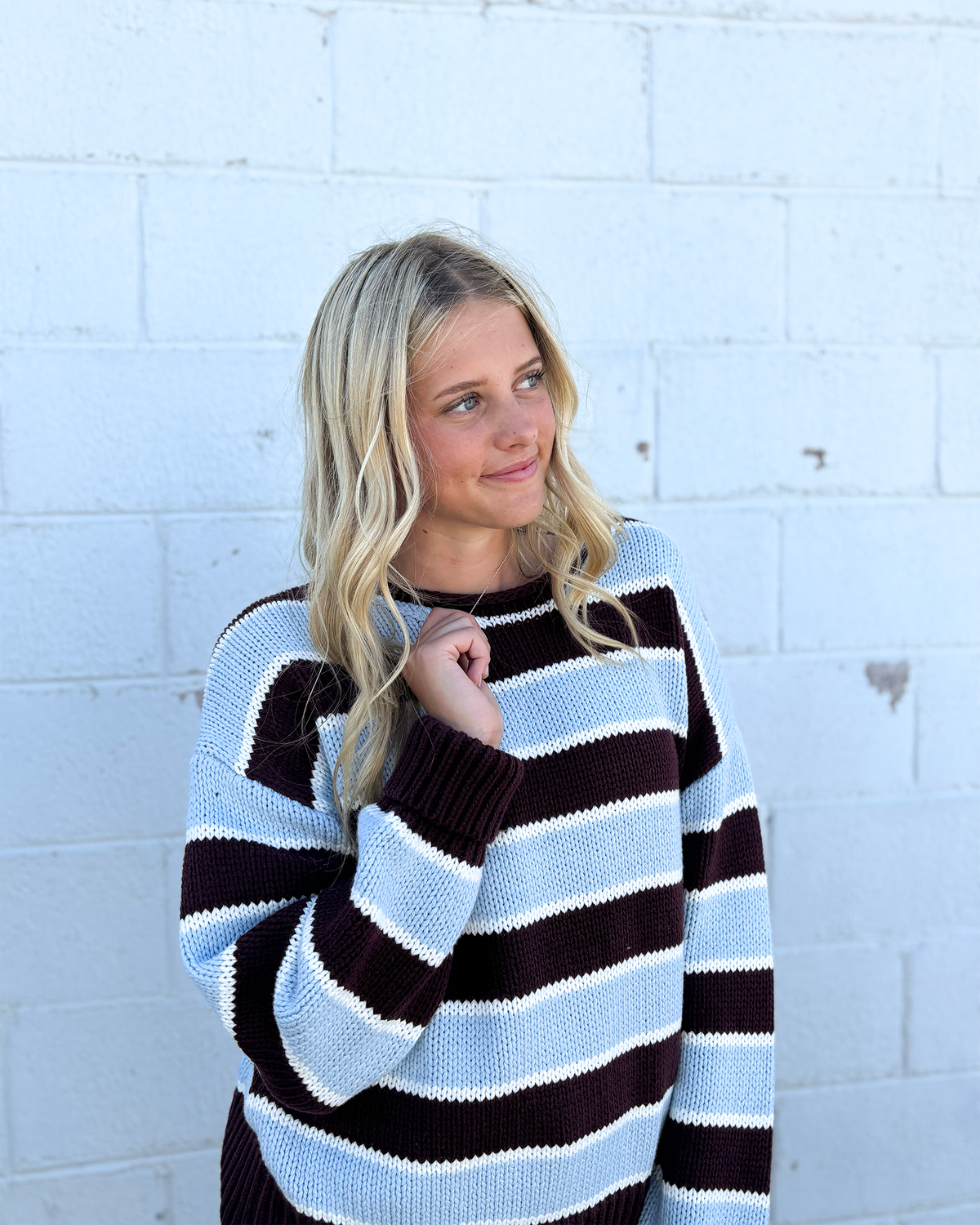 Brown and blue striped sweater with rolled neckline