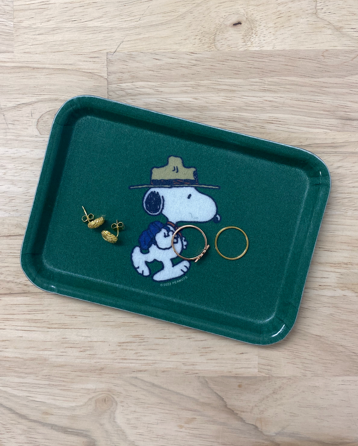 Snoopy Scout Trinket Dish in forest green with jewelry