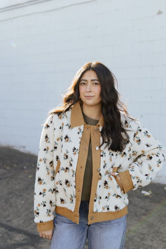shearling jacket with floral print and tan accents