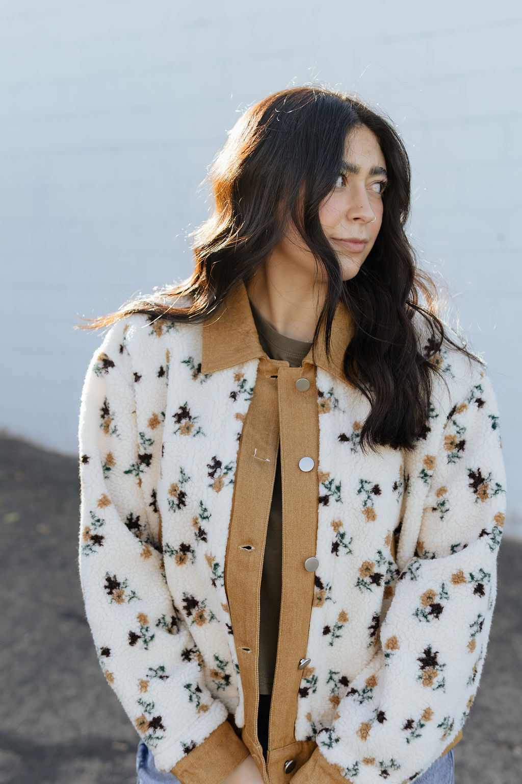 shearling jacket with floral print and tan accents