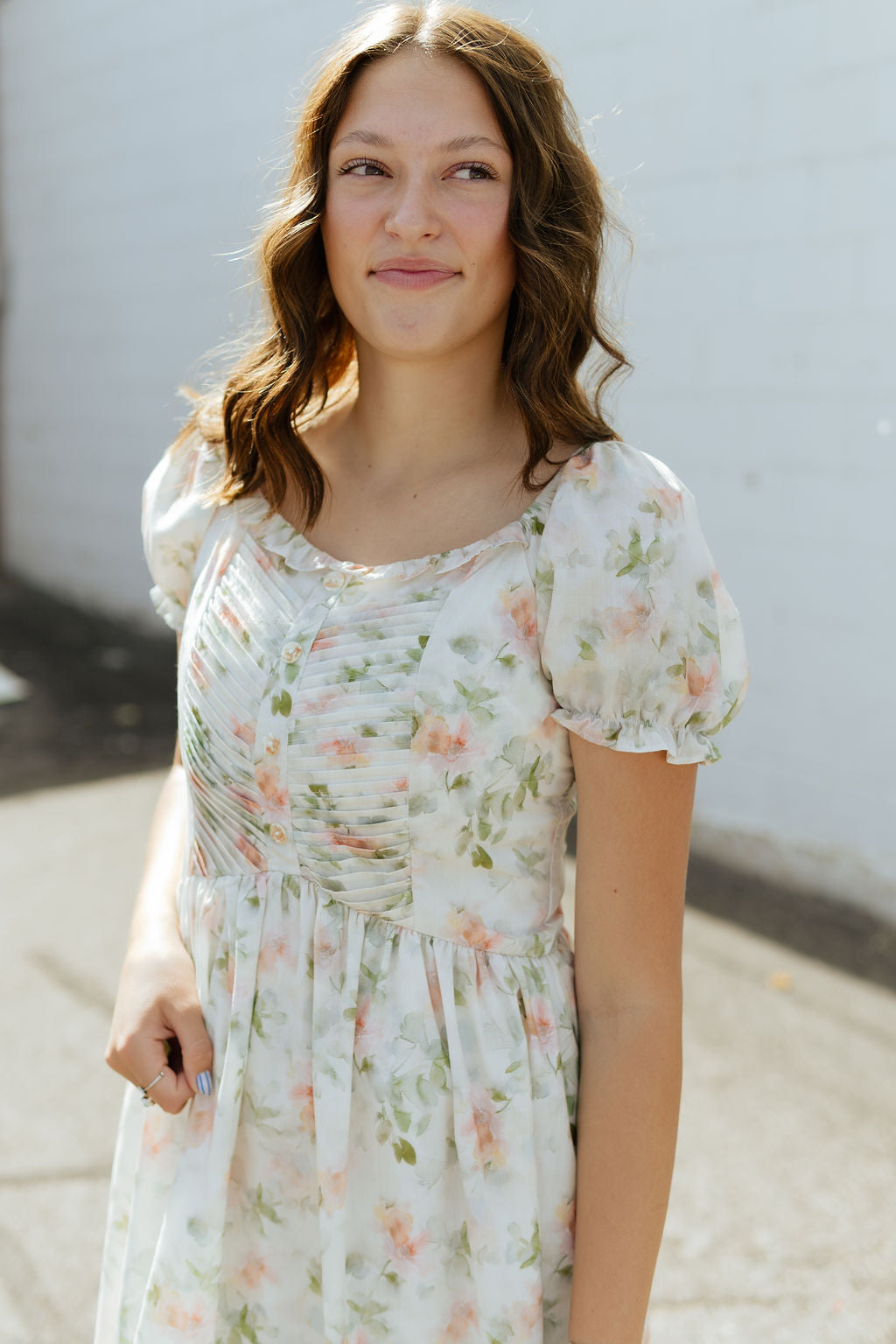spring floral dress with pleating on the bodice