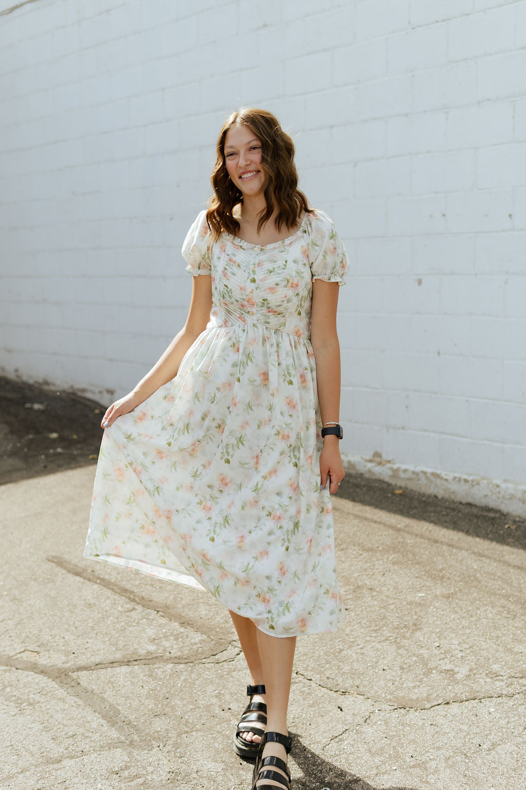 spring floral dress with pleating on the bodice