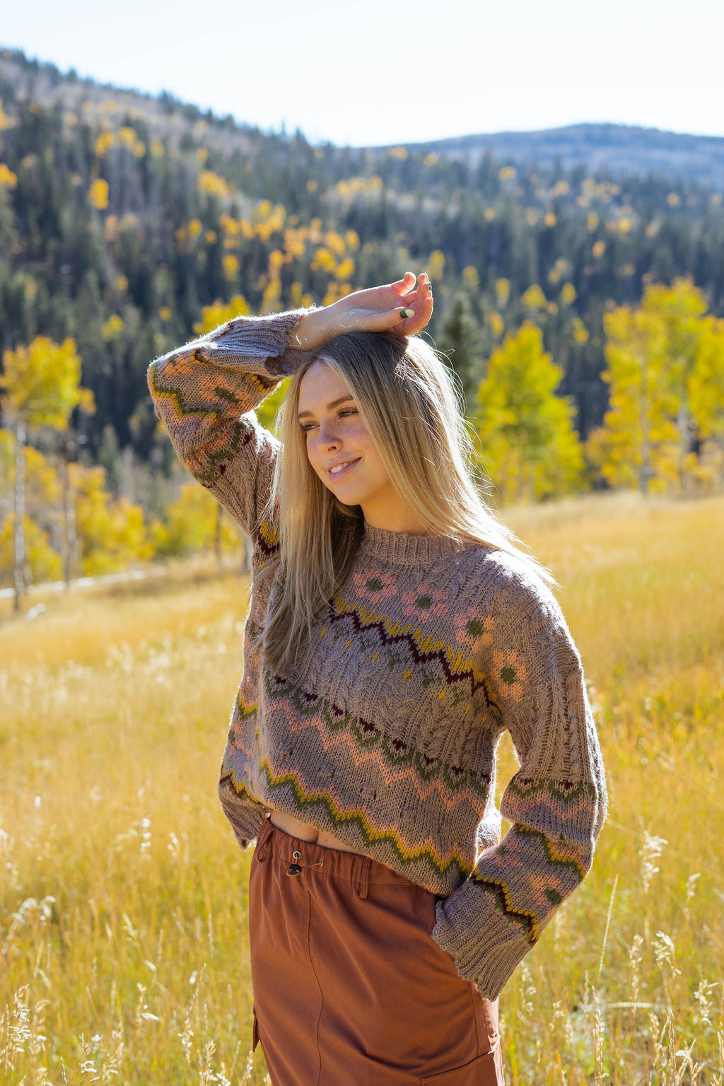 Tan printed sweater for fall