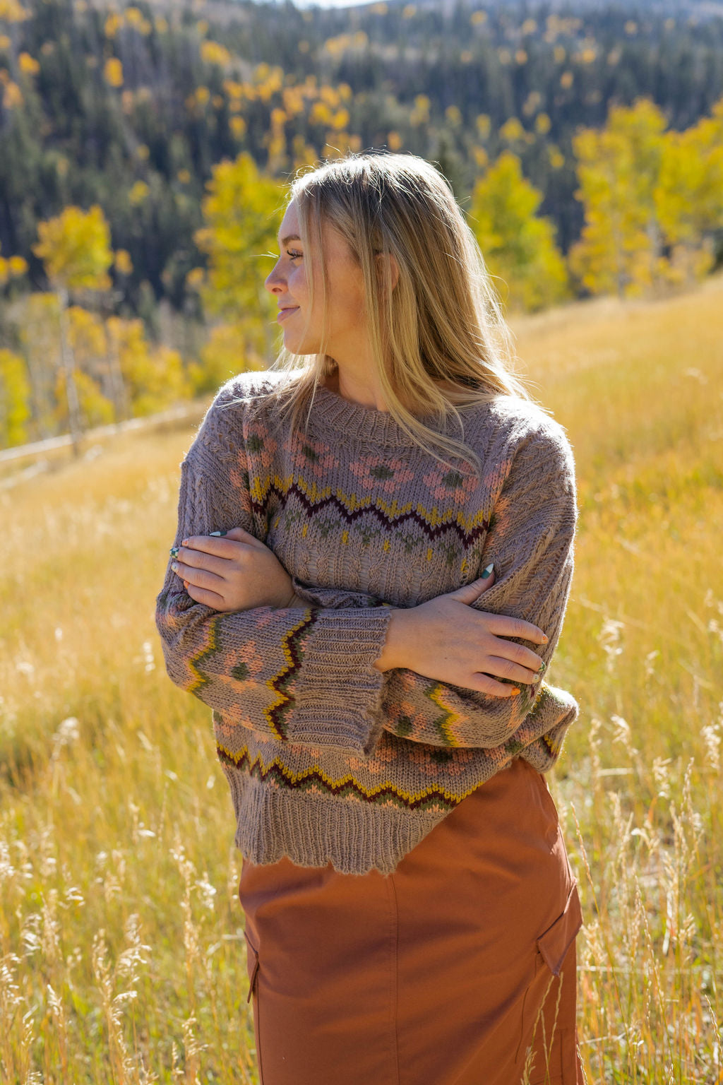 Tan printed sweater for fall