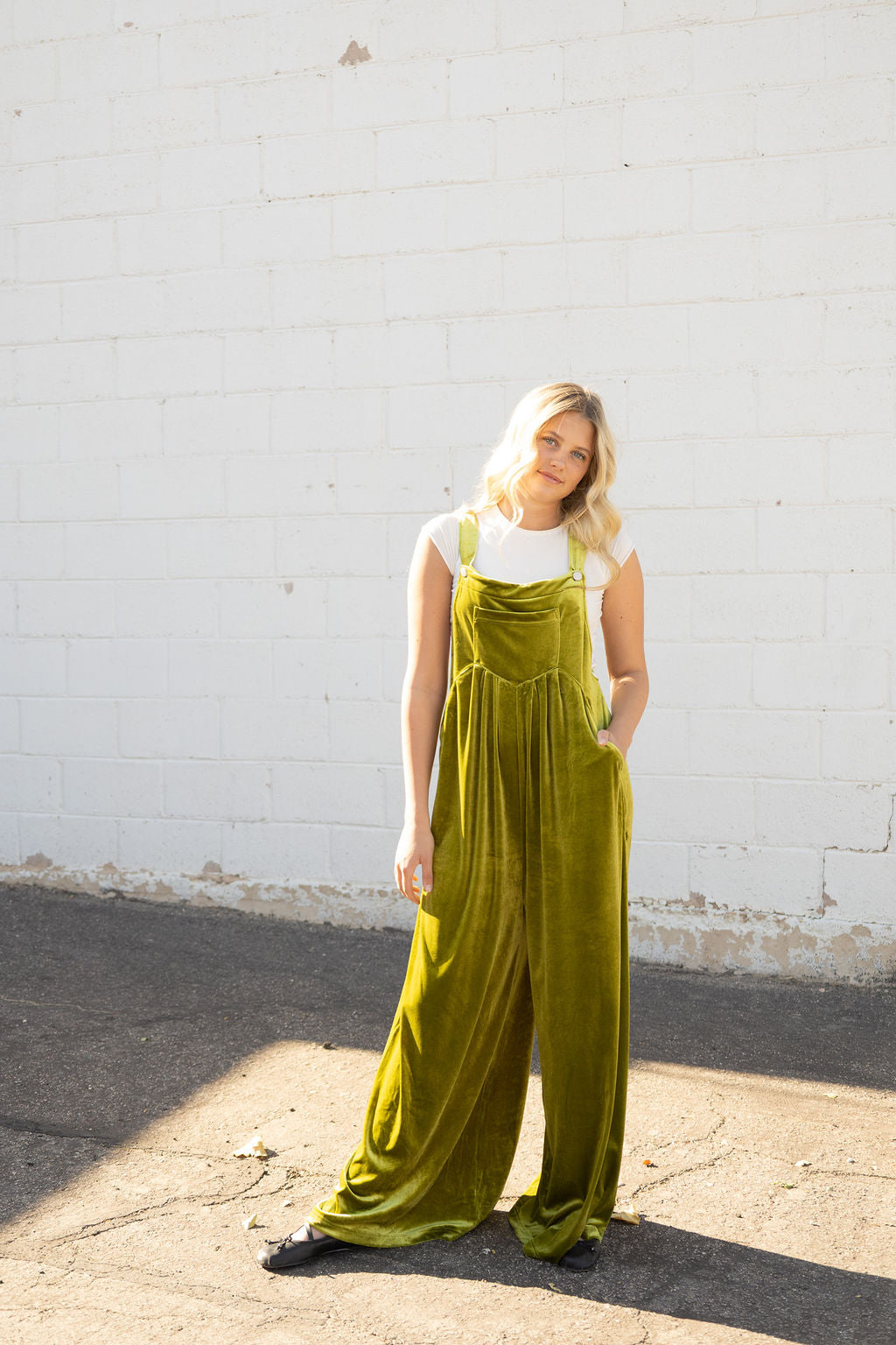 Velvet Overalls in Chartreuse