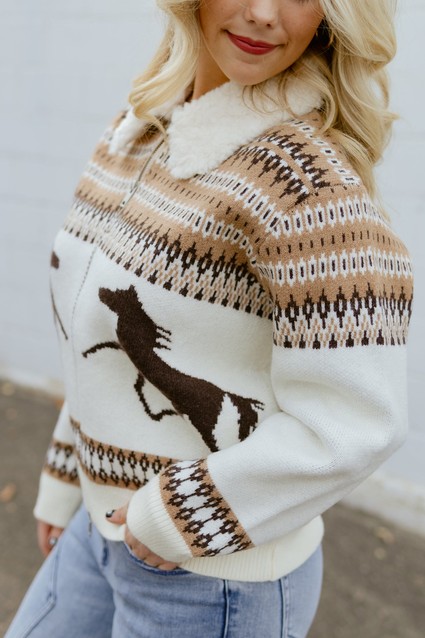 Western print zip up sweater with faux fur collar