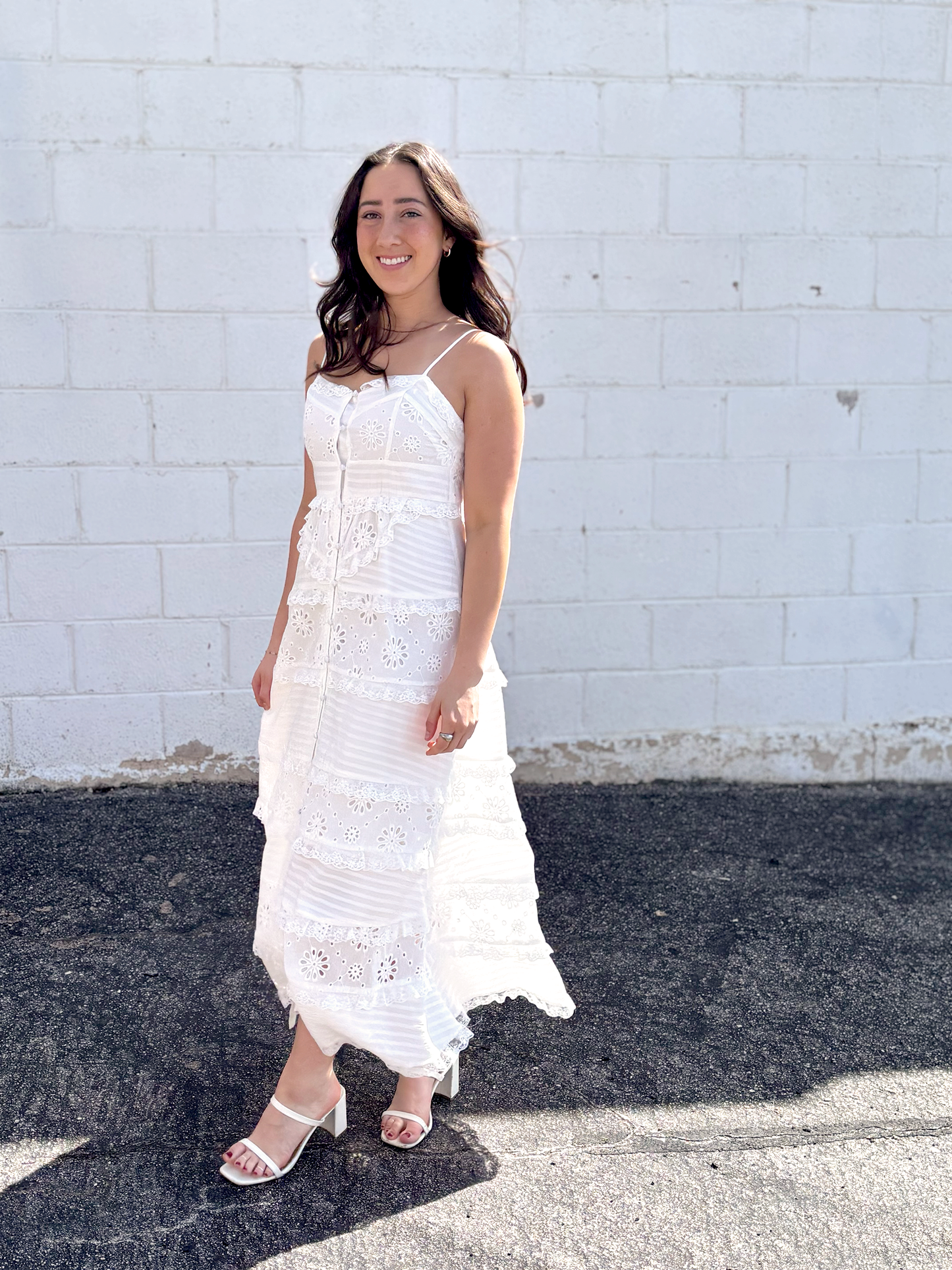 White long dress with ruffle details and spaghetti straps