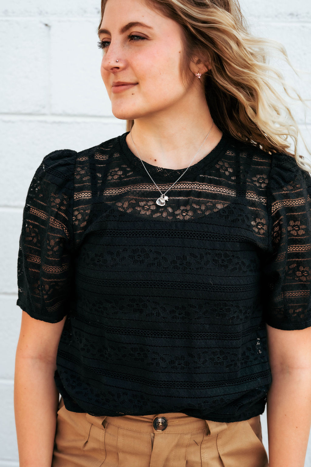 black lace top with puff sleeves