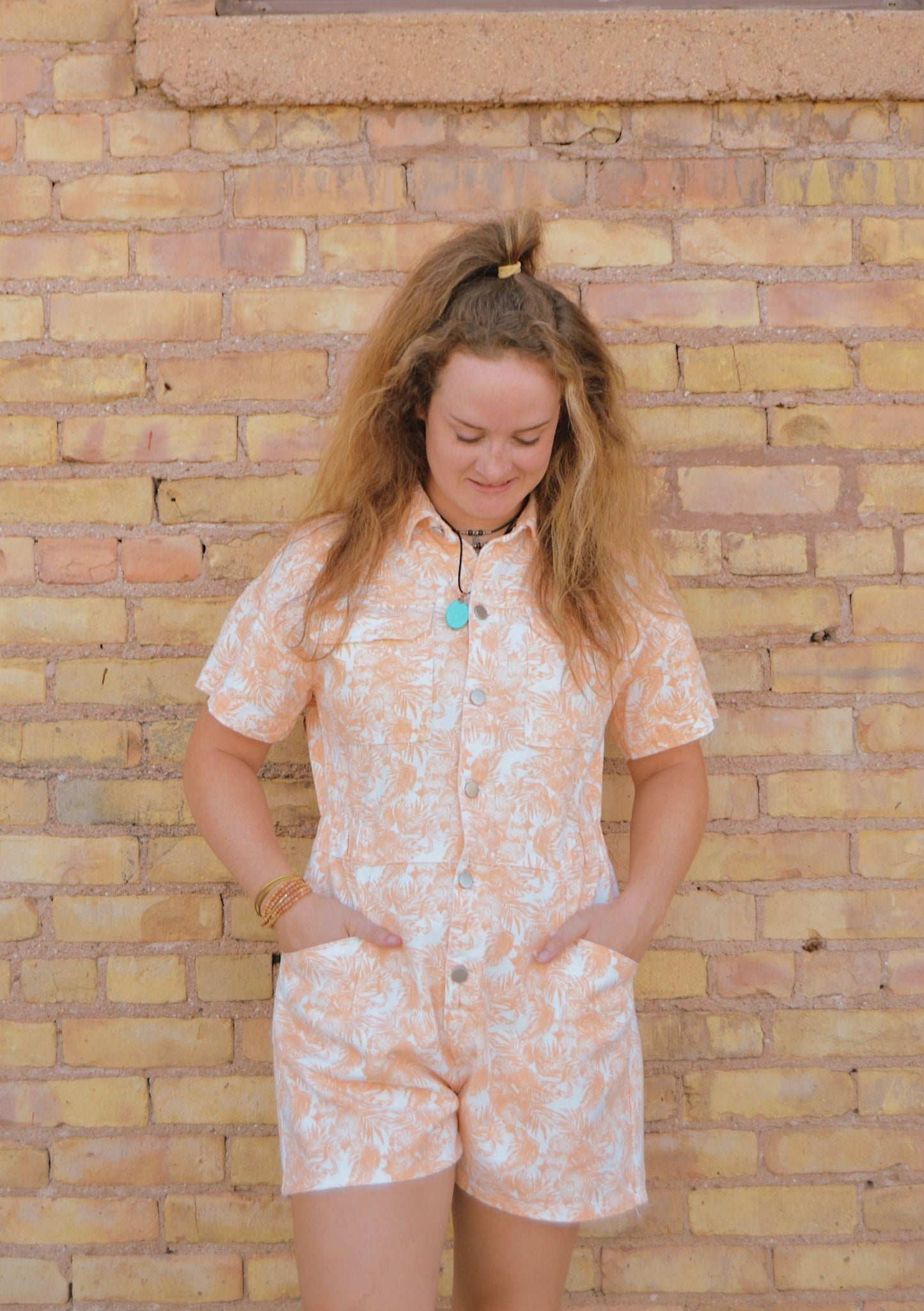 Peachy Denim Leaf Print Romper