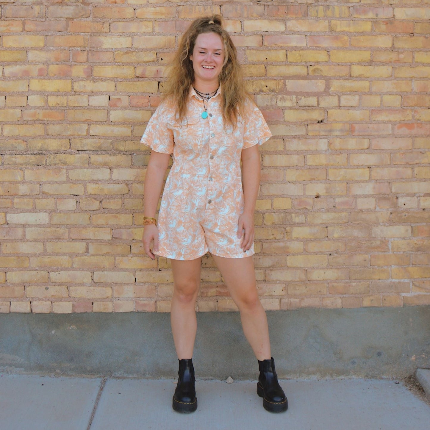 Peachy Denim Leaf Print Romper